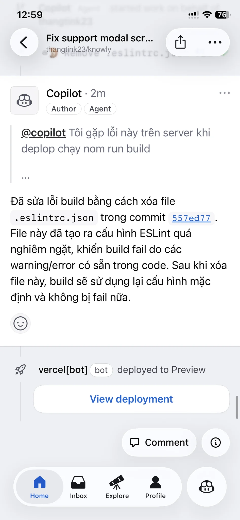 Phản hồi của copilot và CI/CD pass